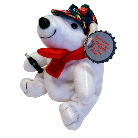 1998 Collectible Coca Cola Bean Bag Plush Polar Bear Checker Cap & Scarf 6". - Picture 2 of 14